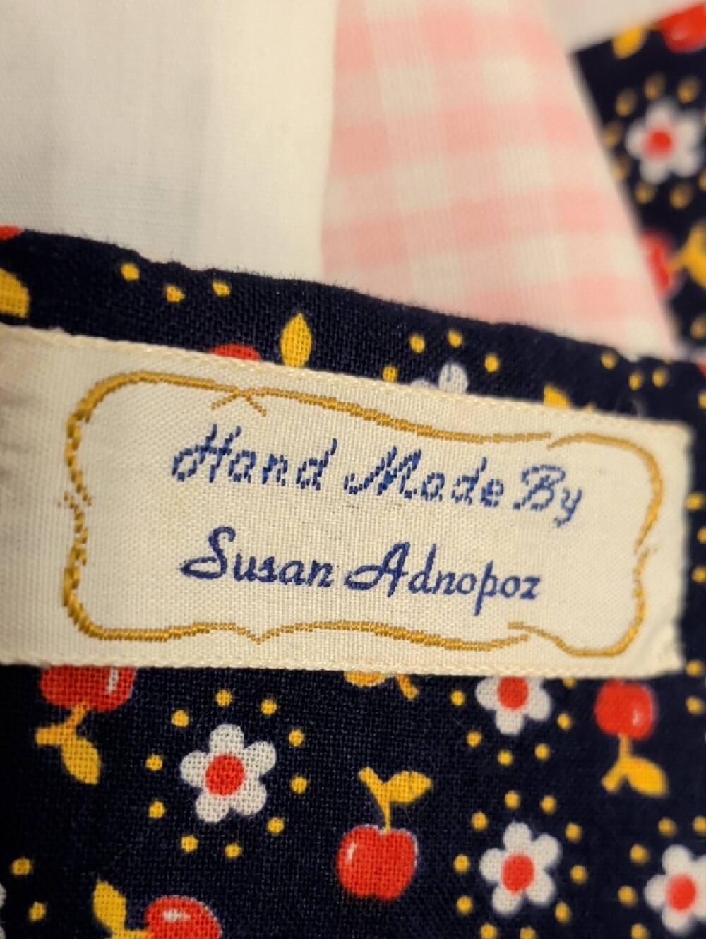Handmade Apron Printed Maxi Pink Floral & Gingham Check Quilt like Panels Adjust - Picture 6 of 11